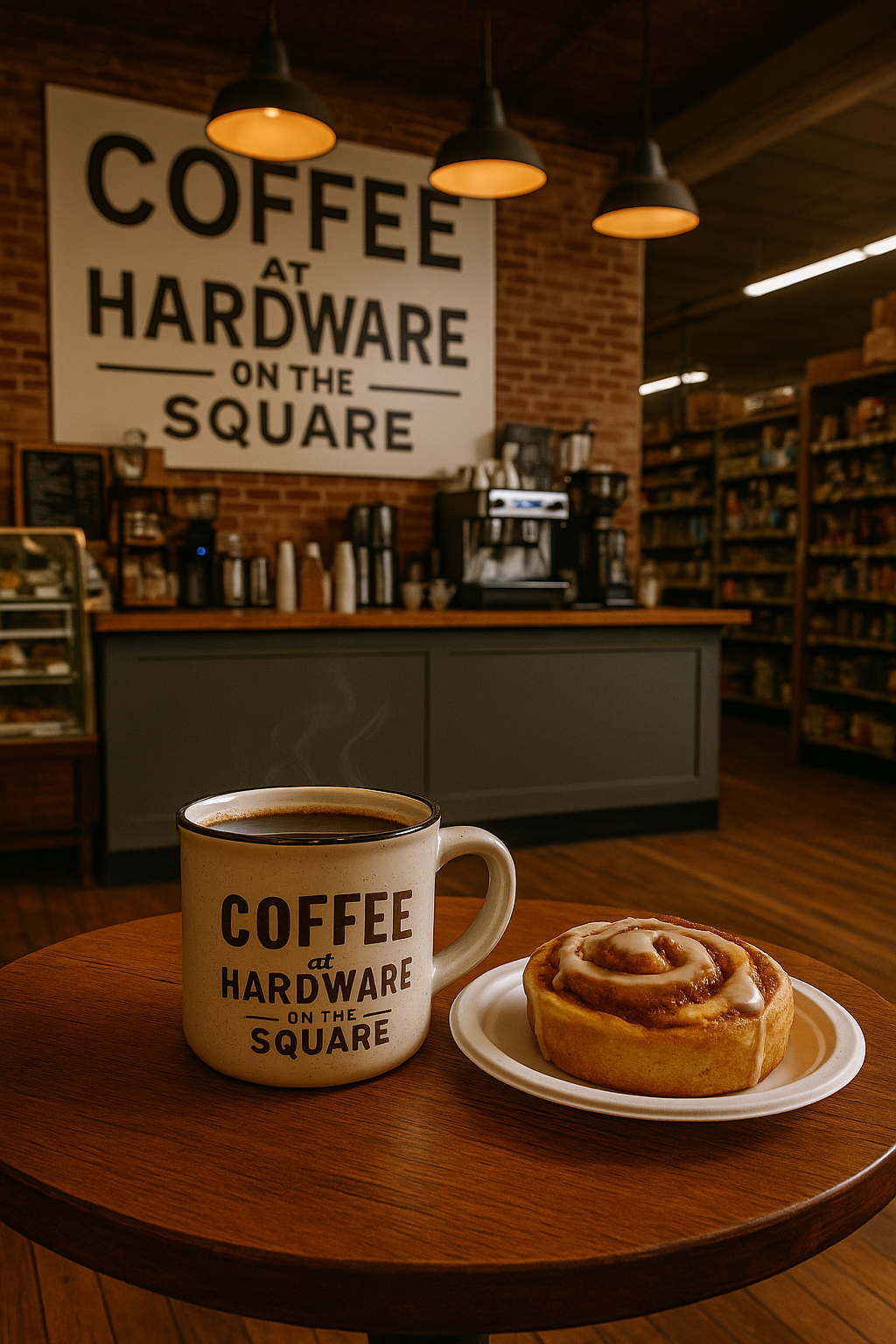 Coffee near me in San Augustine—steaming mug and cinnamon roll on a wooden table inside Coffee at Hardware on the Square, with rustic hardware store decor in the background.