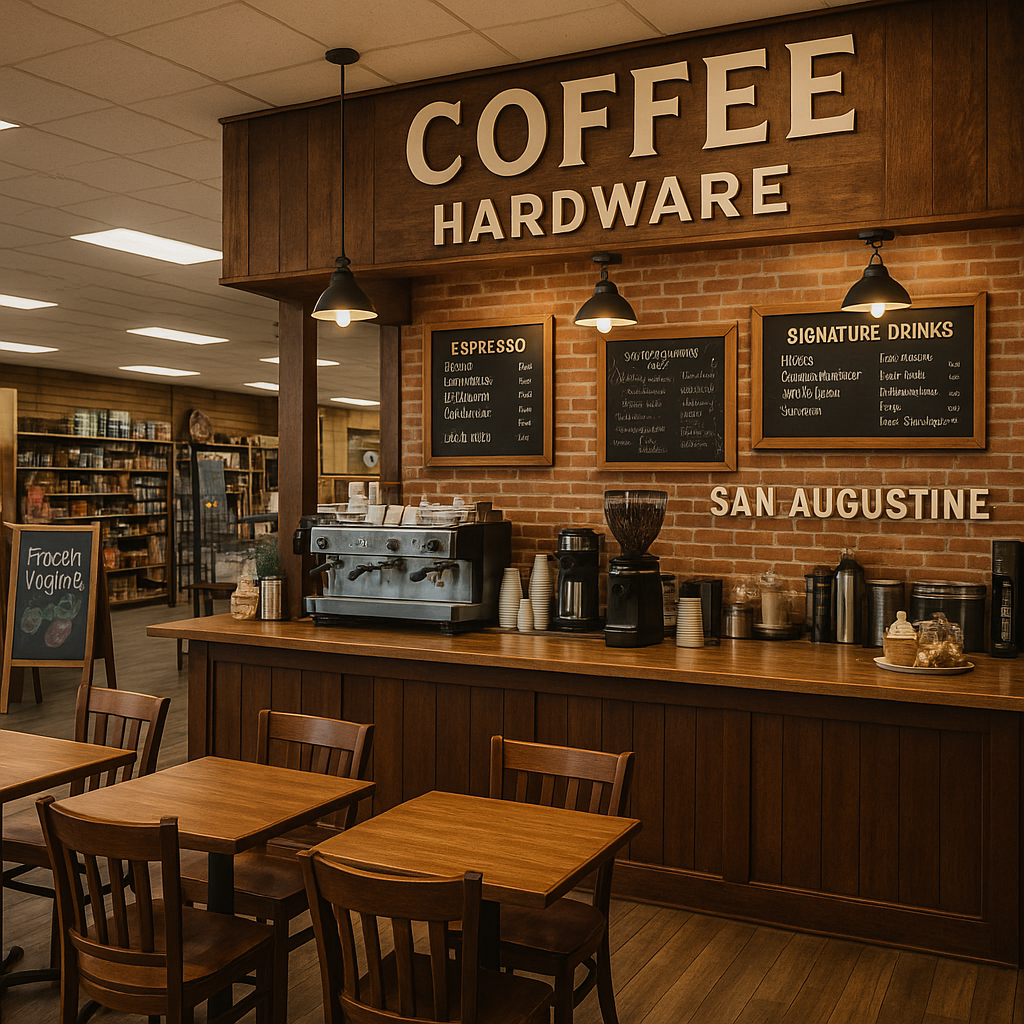 Cozy coffee shop inside a rustic hardware store in San Augustine with espresso machine, wood decor, and chalkboard menu