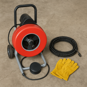 Drum-style drain snake rental machine with gloves and cable on concrete floor in San Augustine, Texas