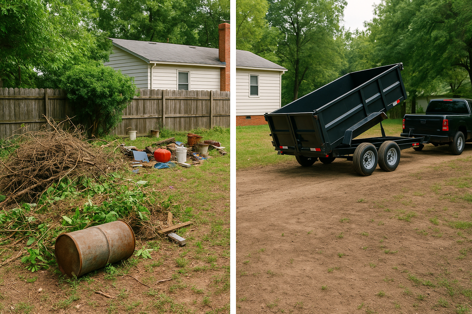 Before and after image of a backyard in San Augustine, Texas—left side shows a cluttered yard with brush and junk, right side shows a clean yard with a dump trailer driving away, demonstrating the effectiveness of dump trailer rental services.