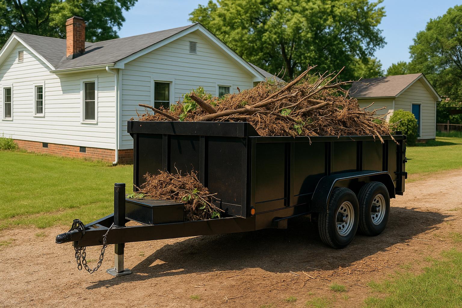 A dump trailer parked beside a tidy San Augustine home, filled with brush and renovation debris, ready to be hauled off on a sunny Texas day.