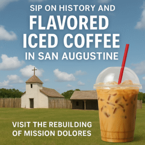 Flavored iced coffee in front of Mission Dolores reconstruction in San Augustine, TX
Slug: flavored-iced-coffee-mission-dolores