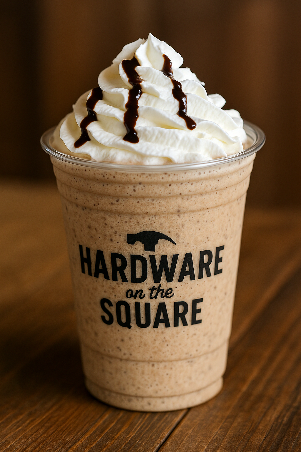 Frozen coffee drink with whipped cream and chocolate drizzle at Hardware on the Square in San Augustine, TX