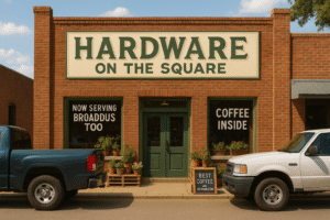 Front of Hardware on the Square in San Augustine, TX, with sign reading "Now Serving Broaddus Too" and classic trucks parked outside.
