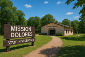 Mission Dolores State Historic Site visitor center and museum in San Augustine, Texas, with wooden entrance sign and trees