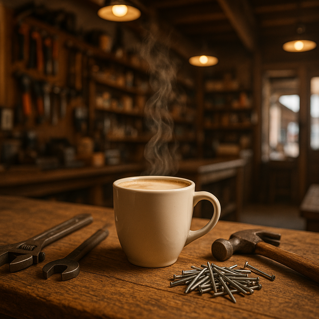 Steaming coffee cup surrounded by tools on a wooden counter inside a San Augustine hardware store
