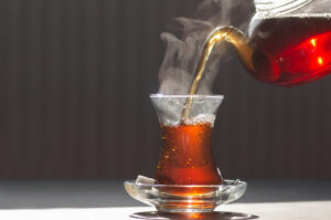 Glass Cup Of Brewed Black Turkish Tea, Traditional Hot Drink Concept