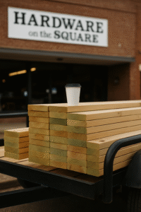 Convenience lumber stacked on a trailer in front of Hardware on the Square in San Augustine, TX