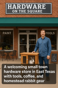 A welcoming small town hardware store in East Texas with tools, coffee, and a rabbit hutch featuring a TAMUK rabbit