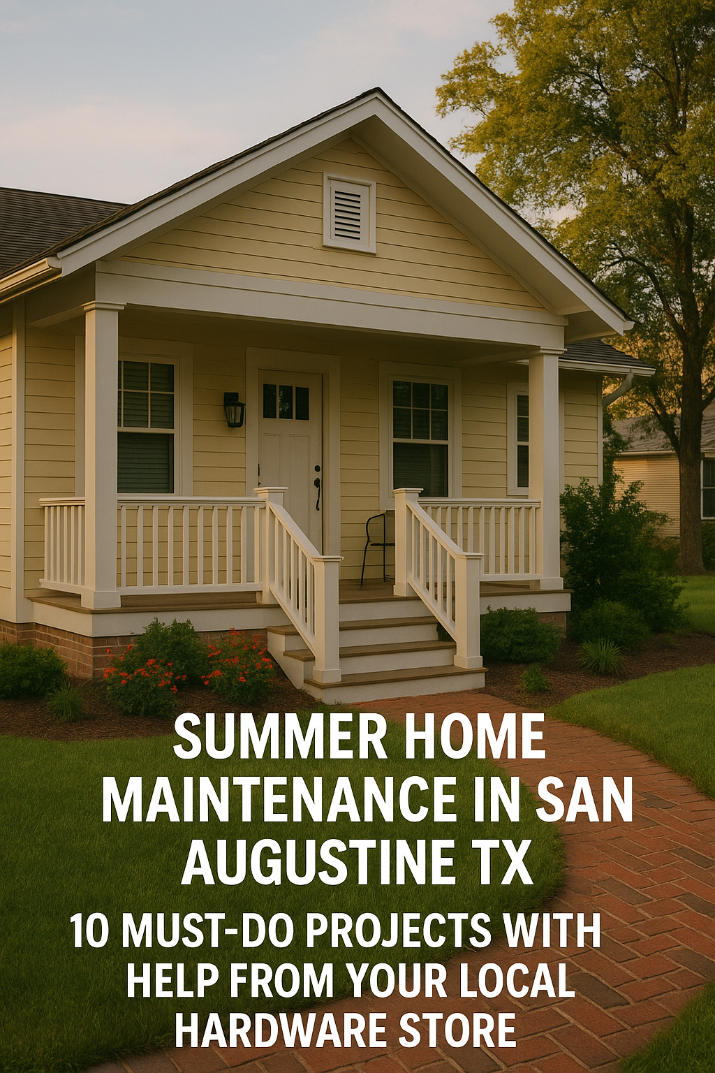 Yellow Texas home with manicured lawn and front porch used for summer home maintenance article in San Augustine