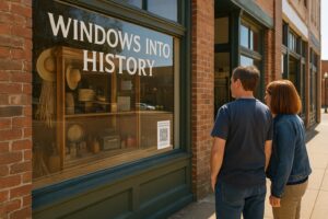 A couple views a historic storefront diorama from the Windows Into History exhibit in downtown San Augustine, Texas